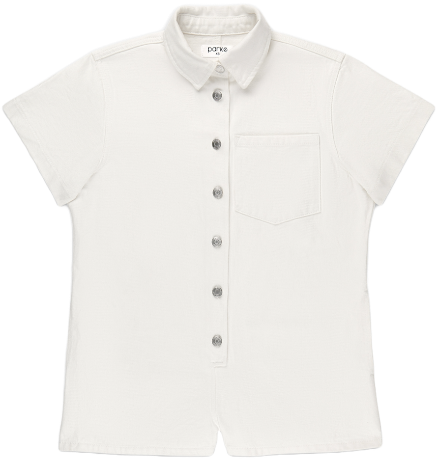 short sleeve denim romper flat lay -white 