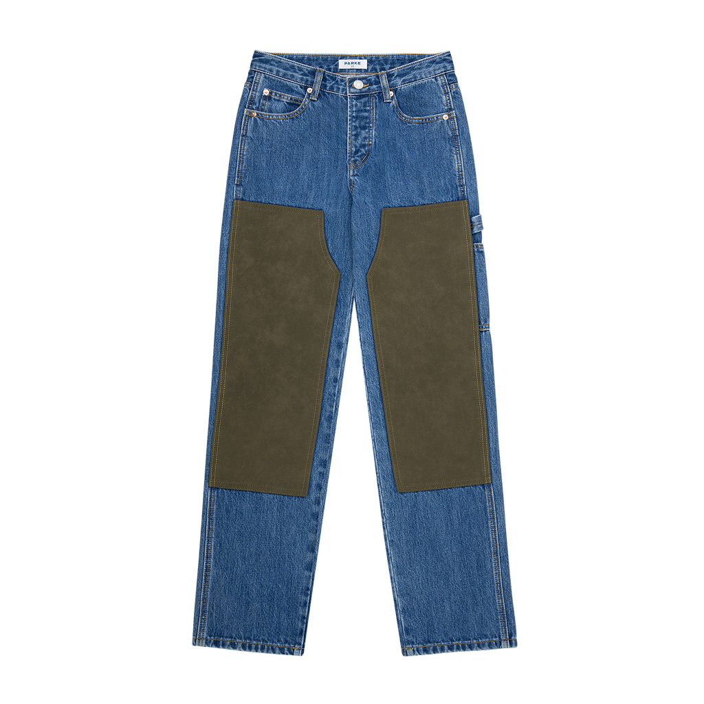 carpenter jean -medium wash + brown suede