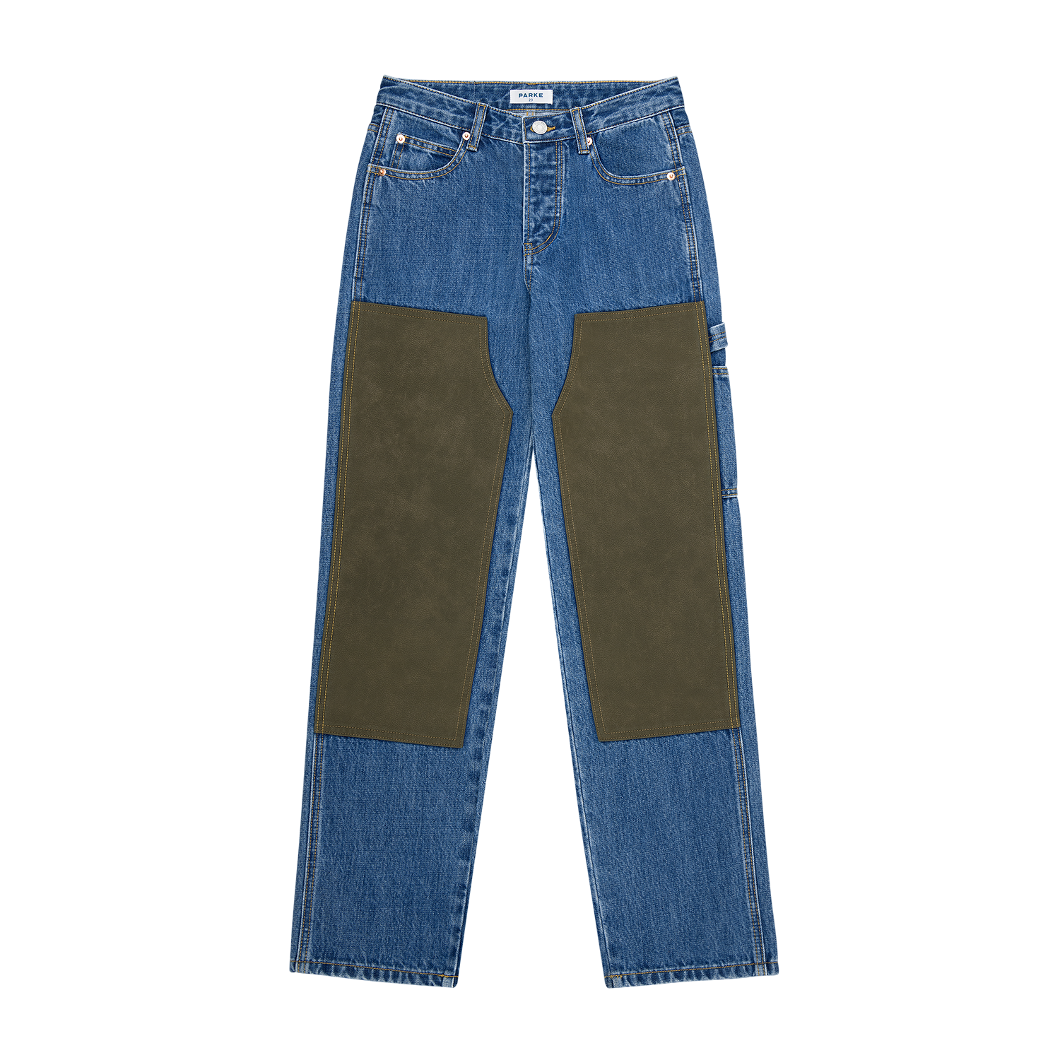 carpenter jean -medium wash + brown suede