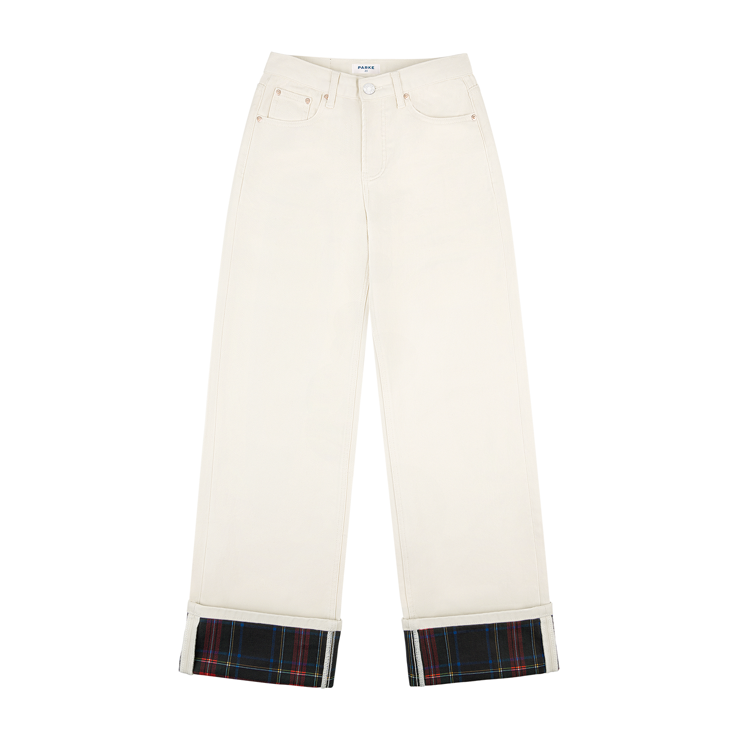 foldover jean -cream + plaid