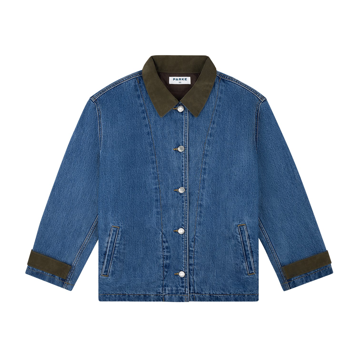 denim barn jacket -med wash + brown suede collar